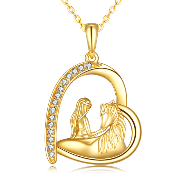 14K Gold Cubic Zirconia Girl & Horse Heart Pendant Necklace-1