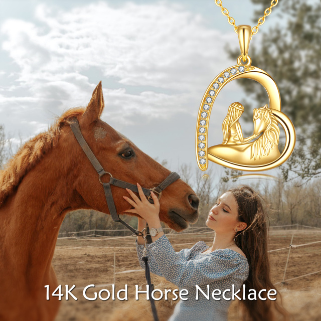 14K Gold Cubic Zirconia Girl & Horse Heart Pendant Necklace-5