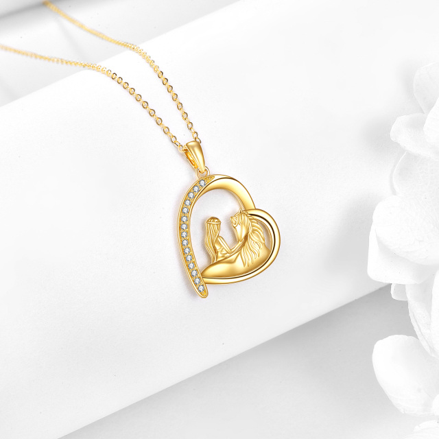 14K Gold Cubic Zirconia Girl & Horse Heart Pendant Necklace-4