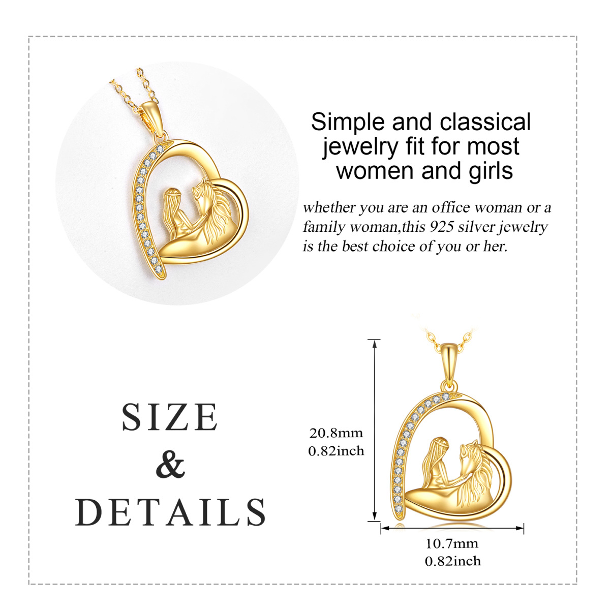 14K Gold Cubic Zirconia Girl & Horse Heart Pendant Necklace-6