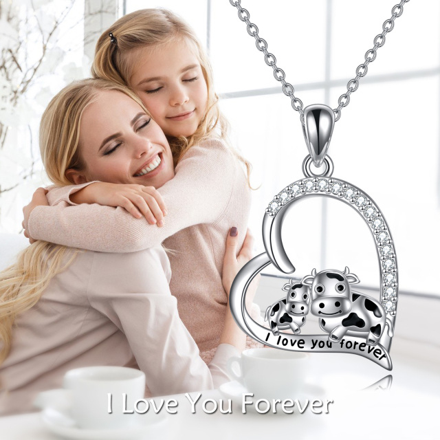 Sterling Silver Round Cubic Zirconia Cow & Heart Pendant Necklace with Engraved Word-4