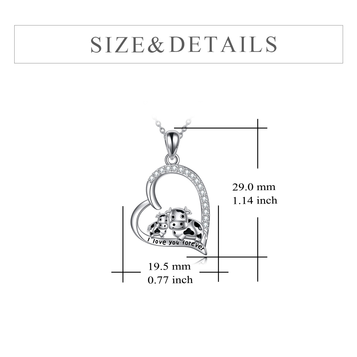 Sterling Silver Round Cubic Zirconia Cow & Heart Pendant Necklace with Engraved Word-6