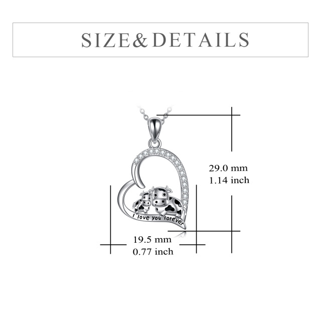 Sterling Silver Round Cubic Zirconia Cow & Heart Pendant Necklace with Engraved Word-5