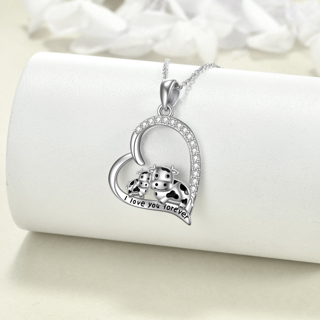 Sterling Silver Round Cubic Zirconia Cow & Heart Pendant Necklace with Engraved Word-2
