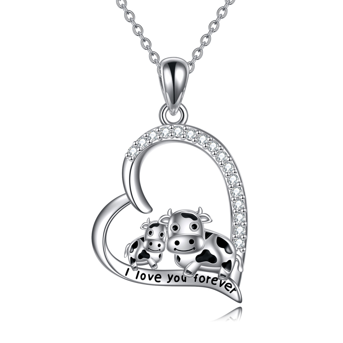 Sterling Silver Round Cubic Zirconia Cow & Heart Pendant Necklace with Engraved Word-1