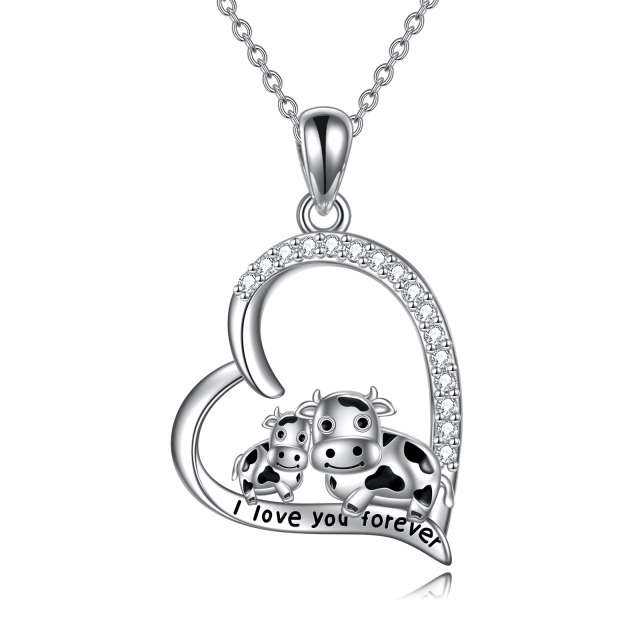 Sterling Silver Round Cubic Zirconia Cow & Heart Pendant Necklace with Engraved Word-0