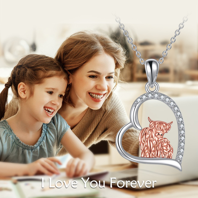 Sterling Silver Two-tone Cubic Zirconia Mother & Baby Highland Cow & Heart Pendant Necklace-4