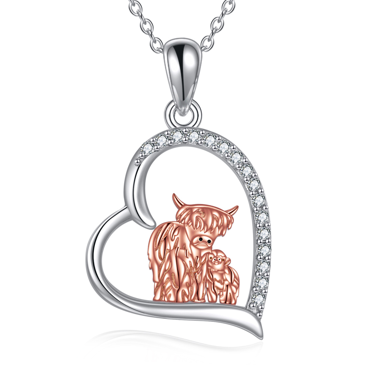 Sterling Silver Two-tone Cubic Zirconia Mother & Baby Highland Cow & Heart Pendant Necklace-1