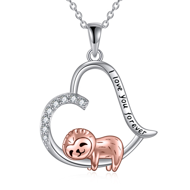 Sterling Silver Two-tone Circular Shaped Cubic Zirconia Sloth & Heart Pendant Necklace with Engraved Word-2