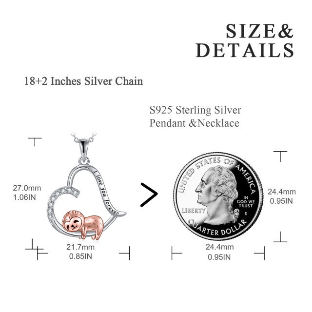 Sterling Silver Two-tone Circular Shaped Cubic Zirconia Sloth & Heart Pendant Necklace with Engraved Word-5