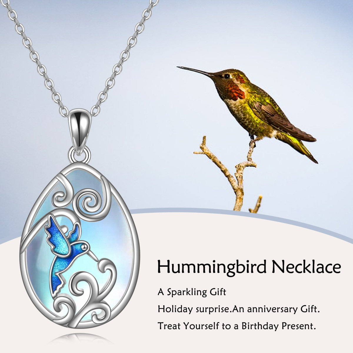 Sterling Silver Moonstone & Crystal Hummingbird Pendant Necklace-6