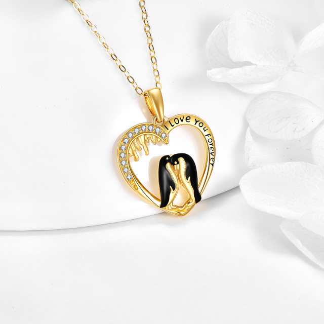 14K Gold Cubic Zirconia Penguin Lover & Heart Pendant Necklace-2
