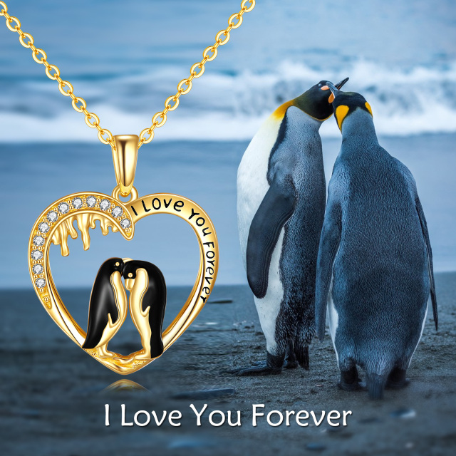14K Gold Cubic Zirconia Penguin Lover & Heart Pendant Necklace-4