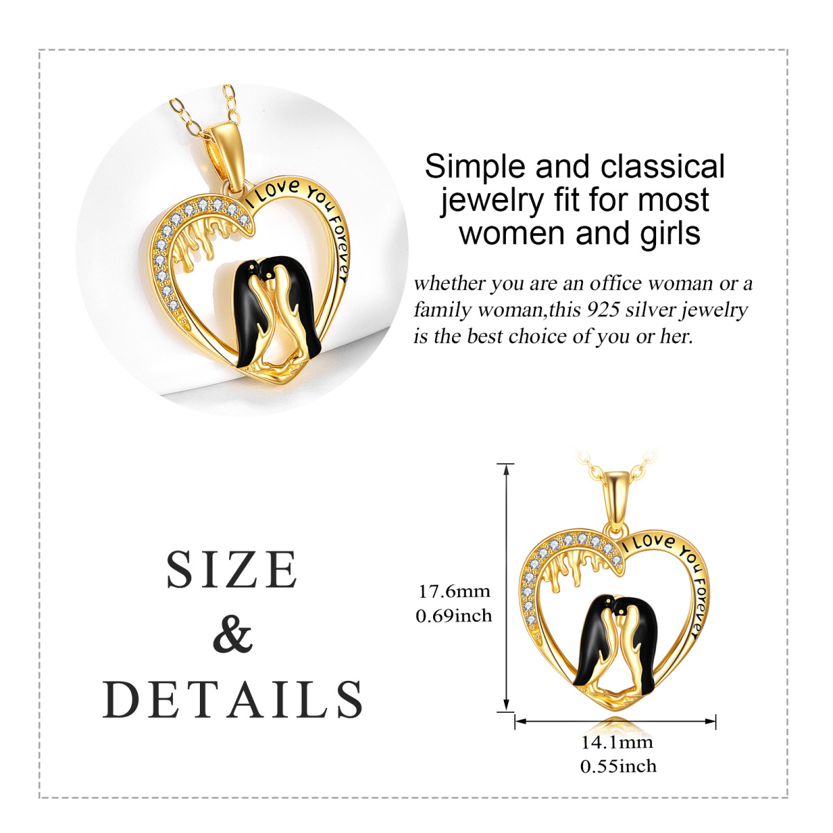14K Gold Cubic Zirconia Penguin Lover & Heart Pendant Necklace-6