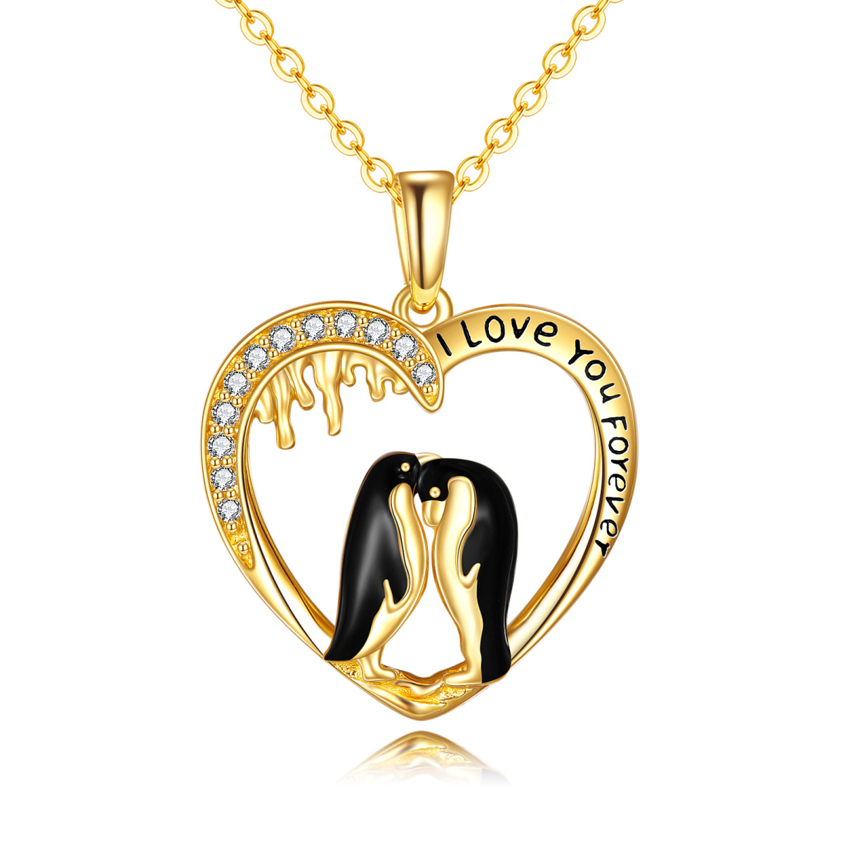 14K Oro Cúbico Zirconia Pingüino Amante y Corazón Colgante Collar-1