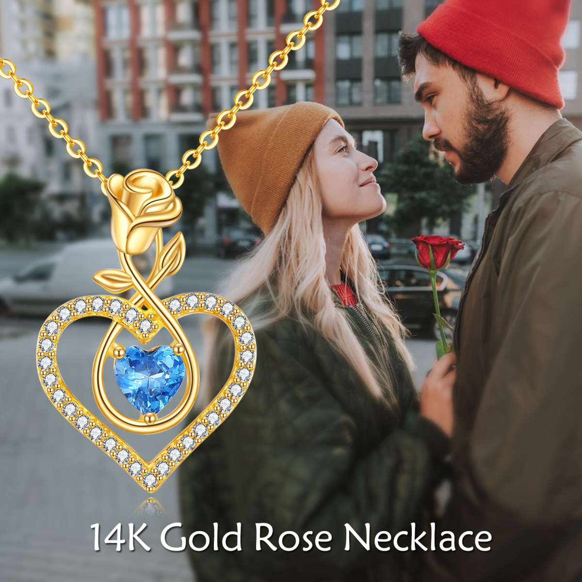 14K Gold Cubic Zirconia Rose & Heart Pendant Necklace-6