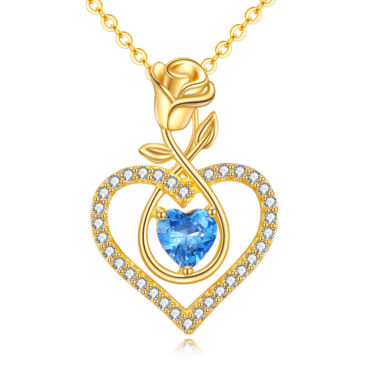 Collier en or 14K avec pendentif rose et coeur en zircon cubique-1