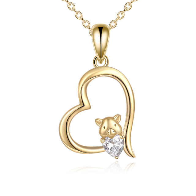 14K Gold Heart Cubic Zirconia Pig & Heart Pendant Necklace-3