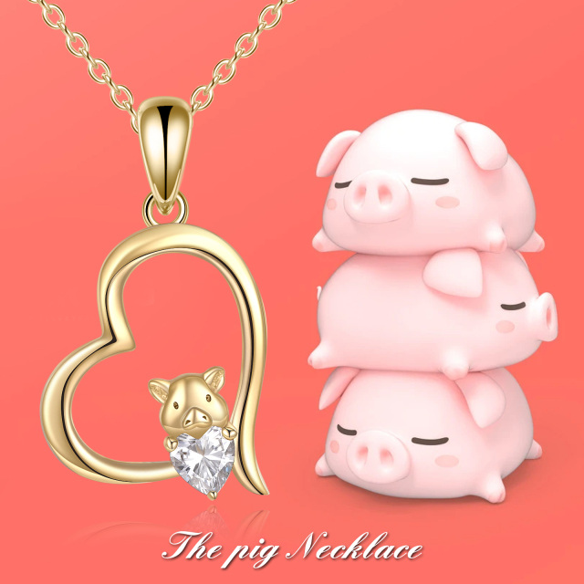 14K Gold Heart Cubic Zirconia Pig & Heart Pendant Necklace-4
