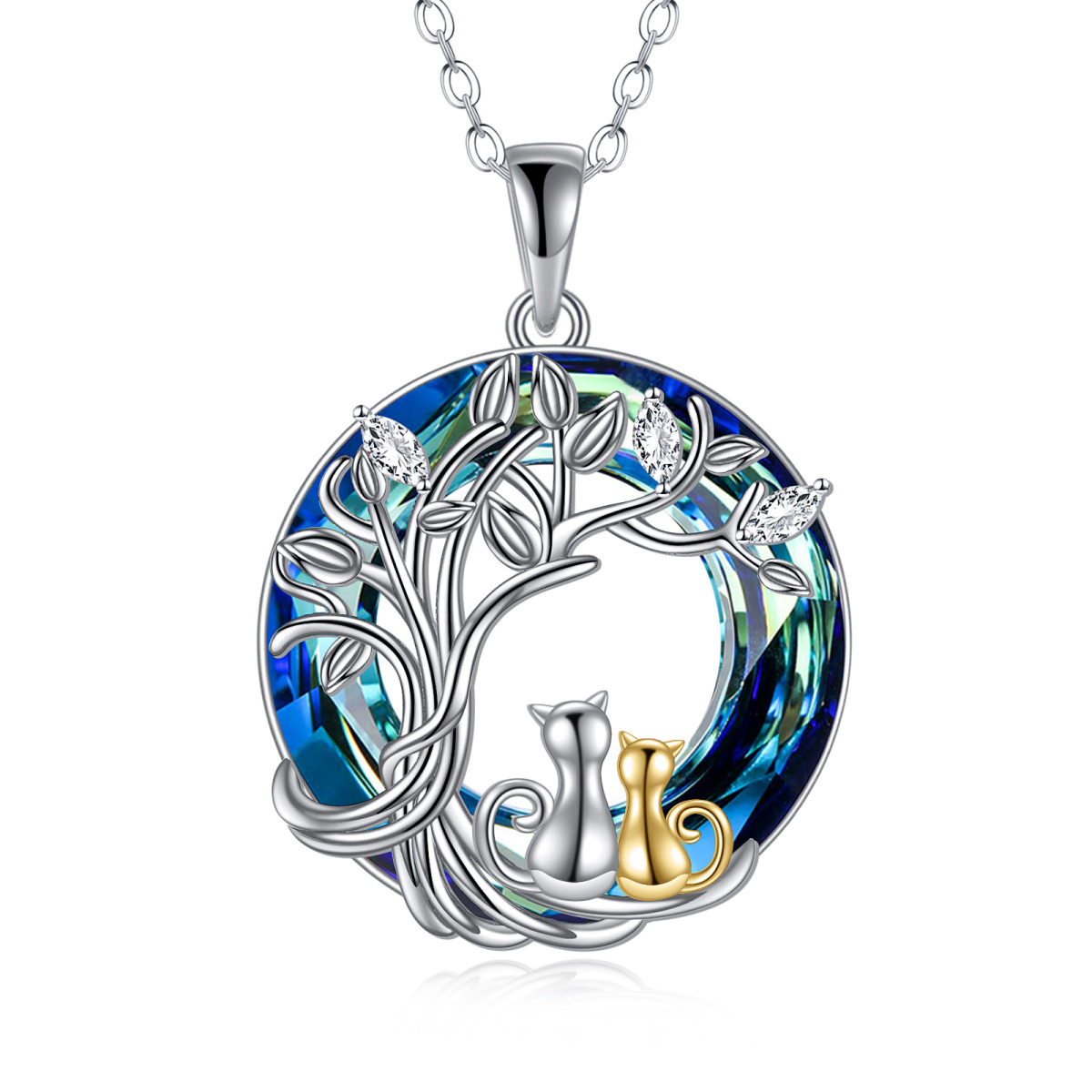 Sterling Silver Two-tone Cat & Tree Of Life Crystal Pendant Necklace-1
