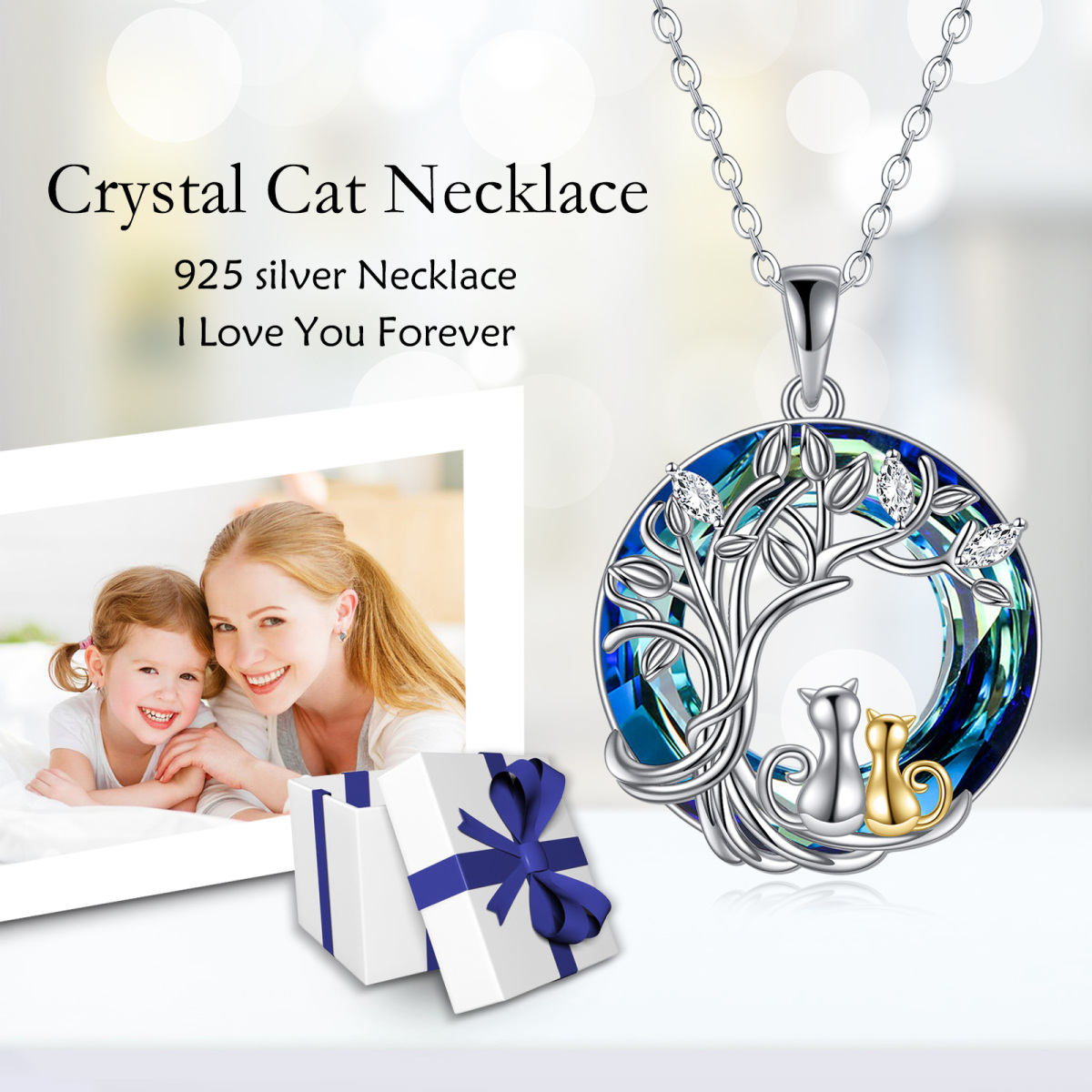 Sterling Silver Two-tone Cat & Tree Of Life Crystal Pendant Necklace-6