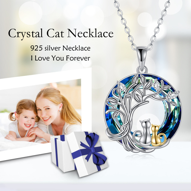 Sterling Silver Two-tone Cat & Tree Of Life Crystal Pendant Necklace-5