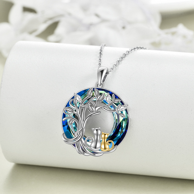 Sterling Silver Two-tone Cat & Tree Of Life Crystal Pendant Necklace-3