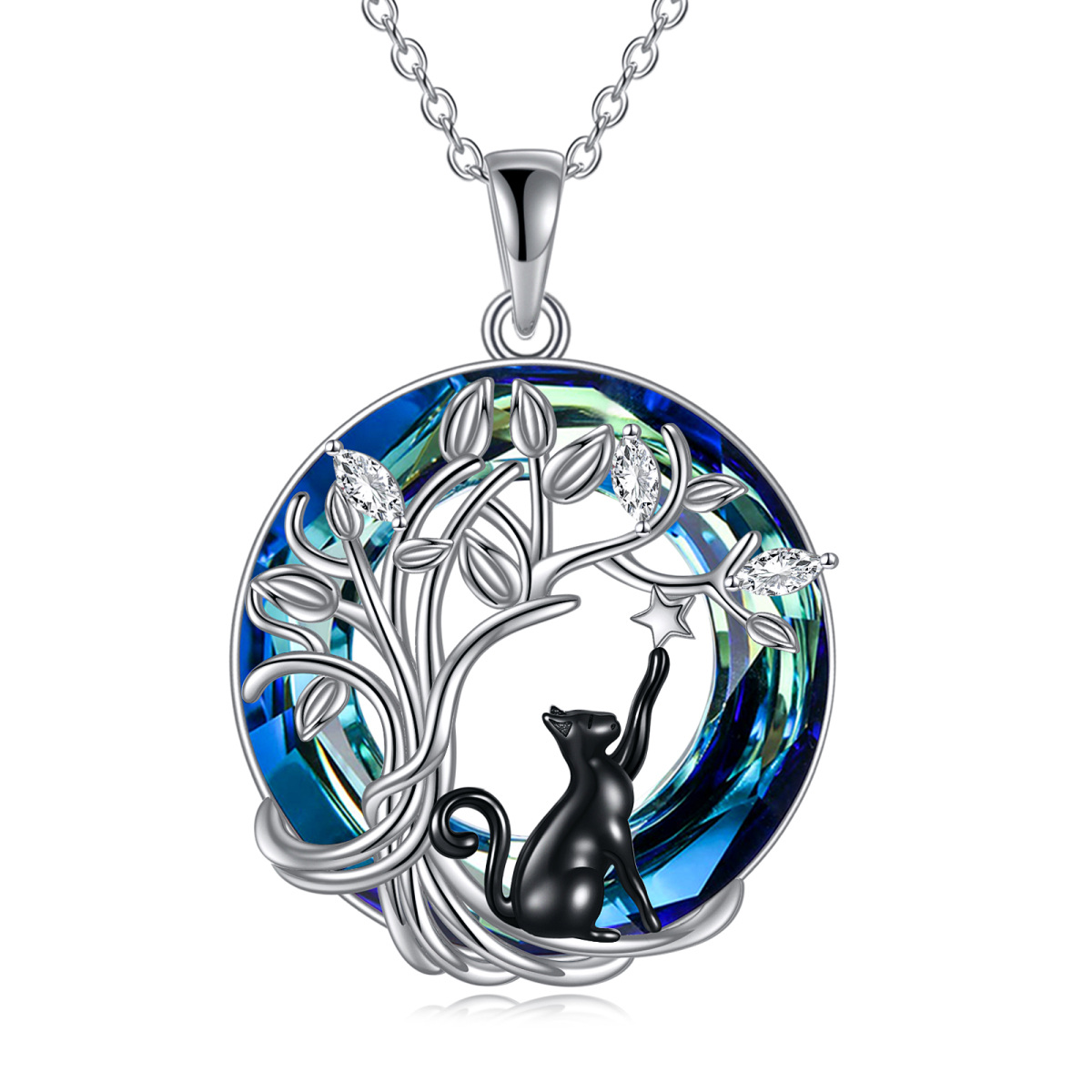 Sterling Silver Cat & Star Tree Of Life Crystal Pendant Necklace-1