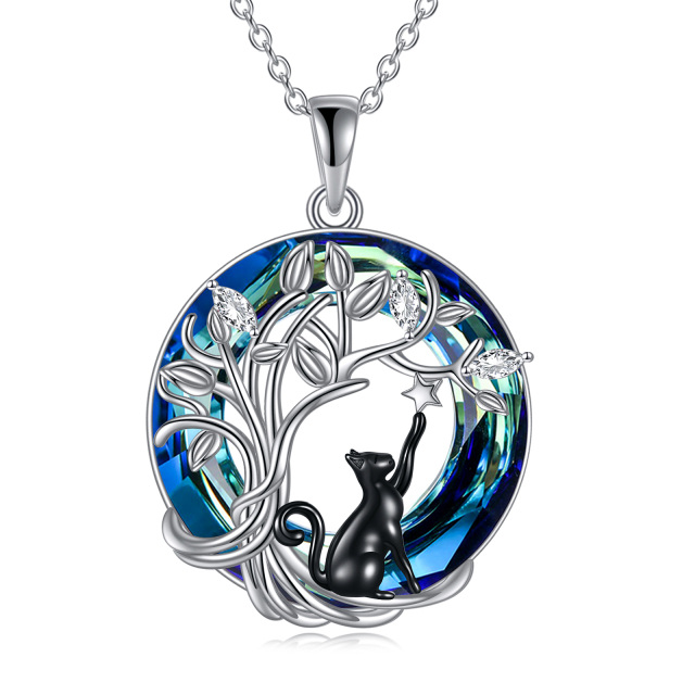 Sterling Silver Cat & Star Tree Of Life Crystal Pendant Necklace-0