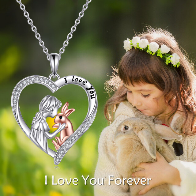 Sterling Silver Two-tone Round Cubic Zirconia Rabbit & Heart Pendant Necklace with Engraved Word-2