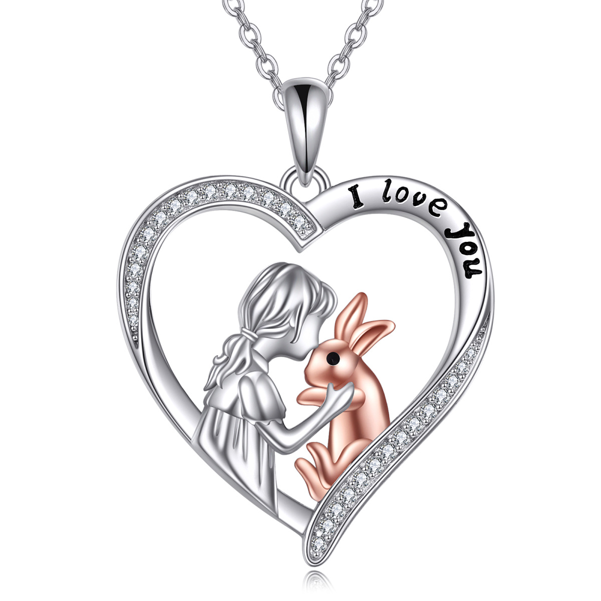 Sterling Silver Two-tone Round Cubic Zirconia Rabbit & Heart Pendant Necklace with Engraved Word-1