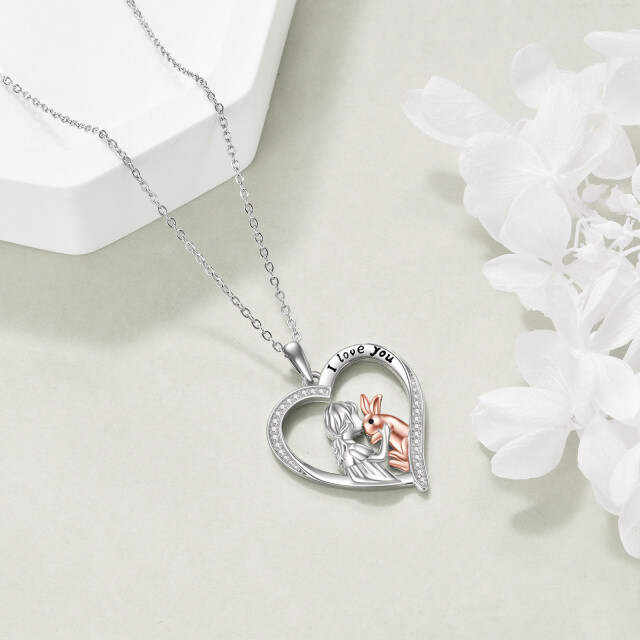 Sterling Silver Two-tone Round Cubic Zirconia Rabbit & Heart Pendant Necklace with Engraved Word-4