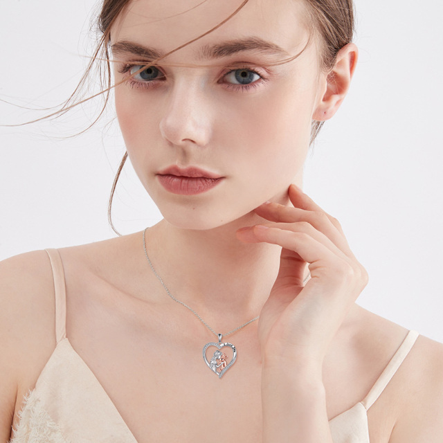 Collier en argent sterling avec pendentif lapin et coeur en zirconium cubique rond bicolor-1