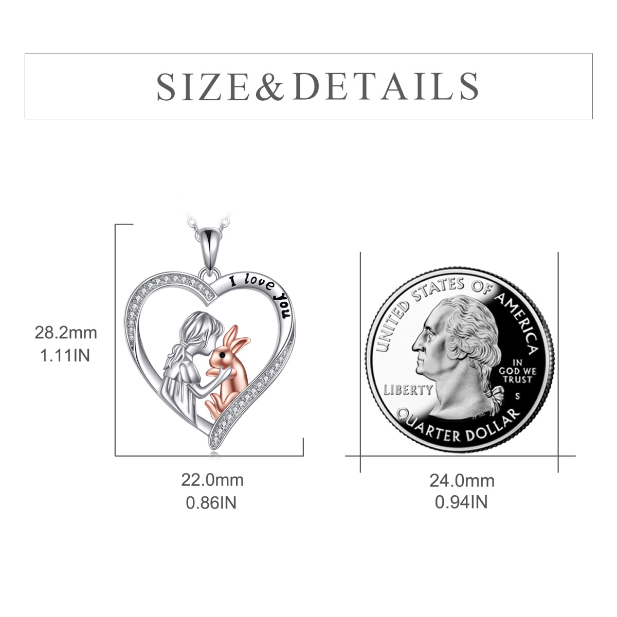 Sterling Silver Two-tone Round Cubic Zirconia Rabbit & Heart Pendant Necklace with Engraved Word-6