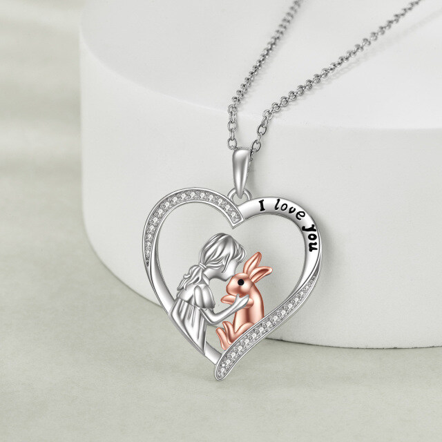 Sterling Silver Two-tone Round Cubic Zirconia Rabbit & Heart Pendant Necklace with Engraved Word-3