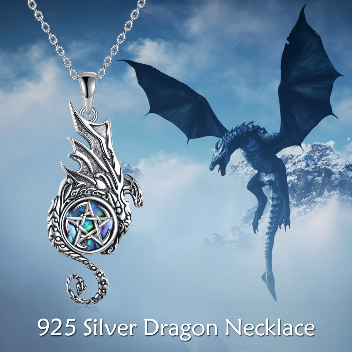 Sterling Silver Abalone Shellfish Dragon Pendant Necklace-6