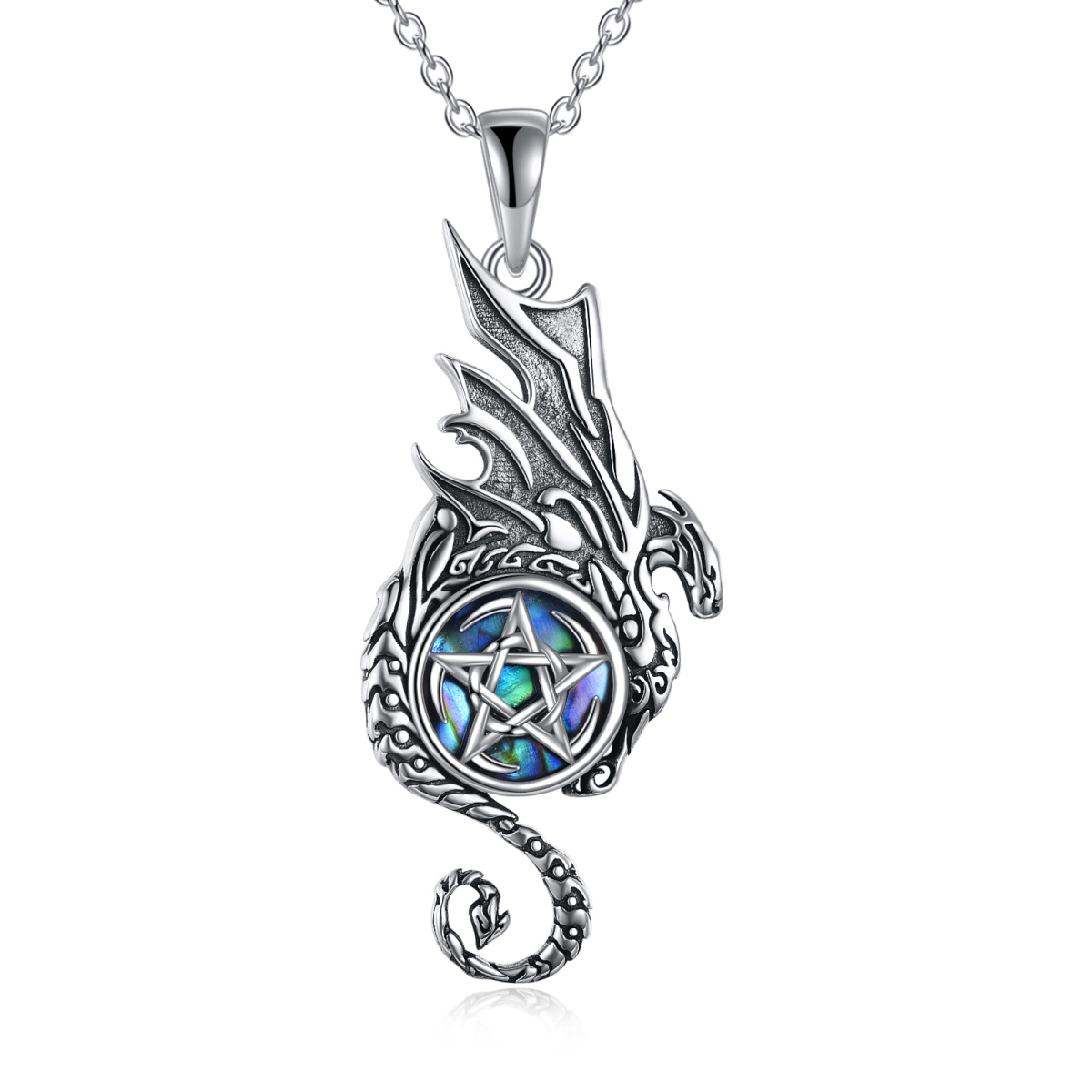 Sterling Silver Abalone Shellfish Dragon Pendant Necklace-1