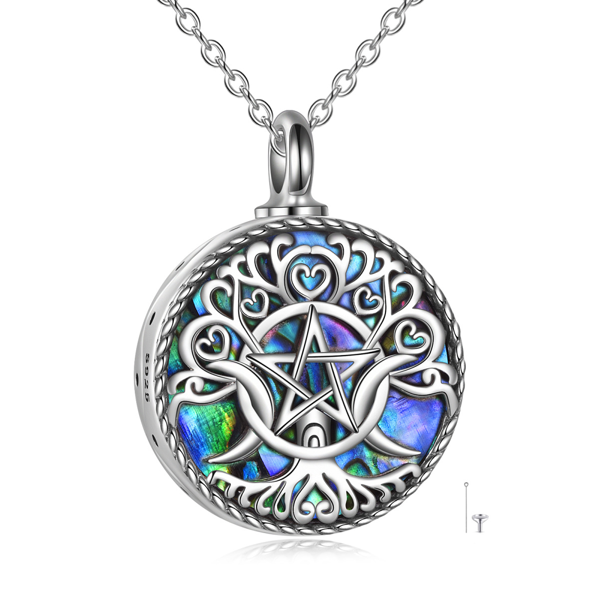 Sterling Silver Circular Shaped Abalone Shellfish Triple Moon Goddess Urn Necklace for Ashes with Engraved Word-1