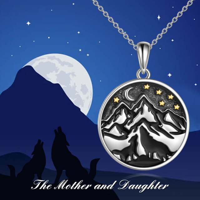 Sterling Silver Two-tone Wolf Mountains Moon Star Pendant Necklace-6
