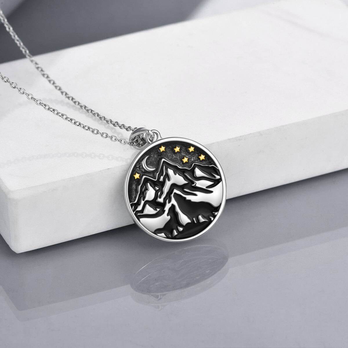 Sterling Silver Two-tone Wolf & Moon & Mountains & Star Pendant Necklace-4