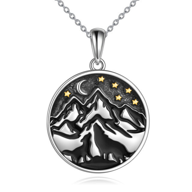 Sterling Silver Two-tone Wolf Mountains Moon Star Pendant Necklace-1