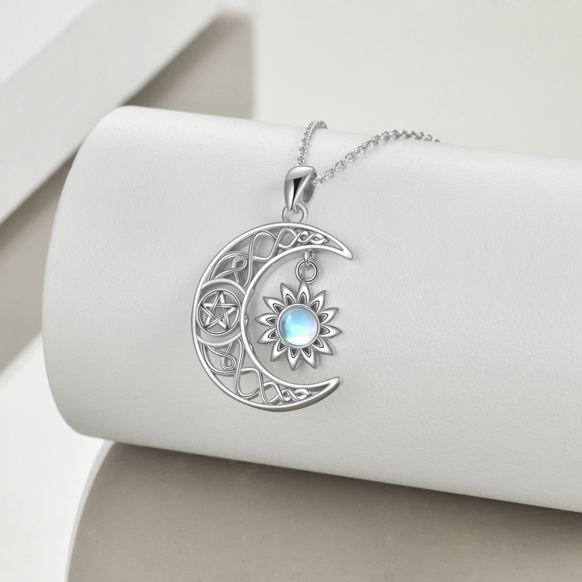 Sterling Silver Circular Shaped Moonstone Celtic Knot & Moon & Sun Pendant Necklace-3