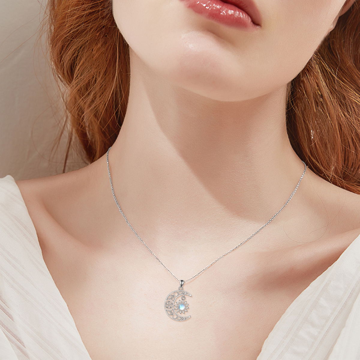 Sterling Silver Circular Shaped Moonstone Celtic Knot & Moon & Sun Pendant Necklace-2