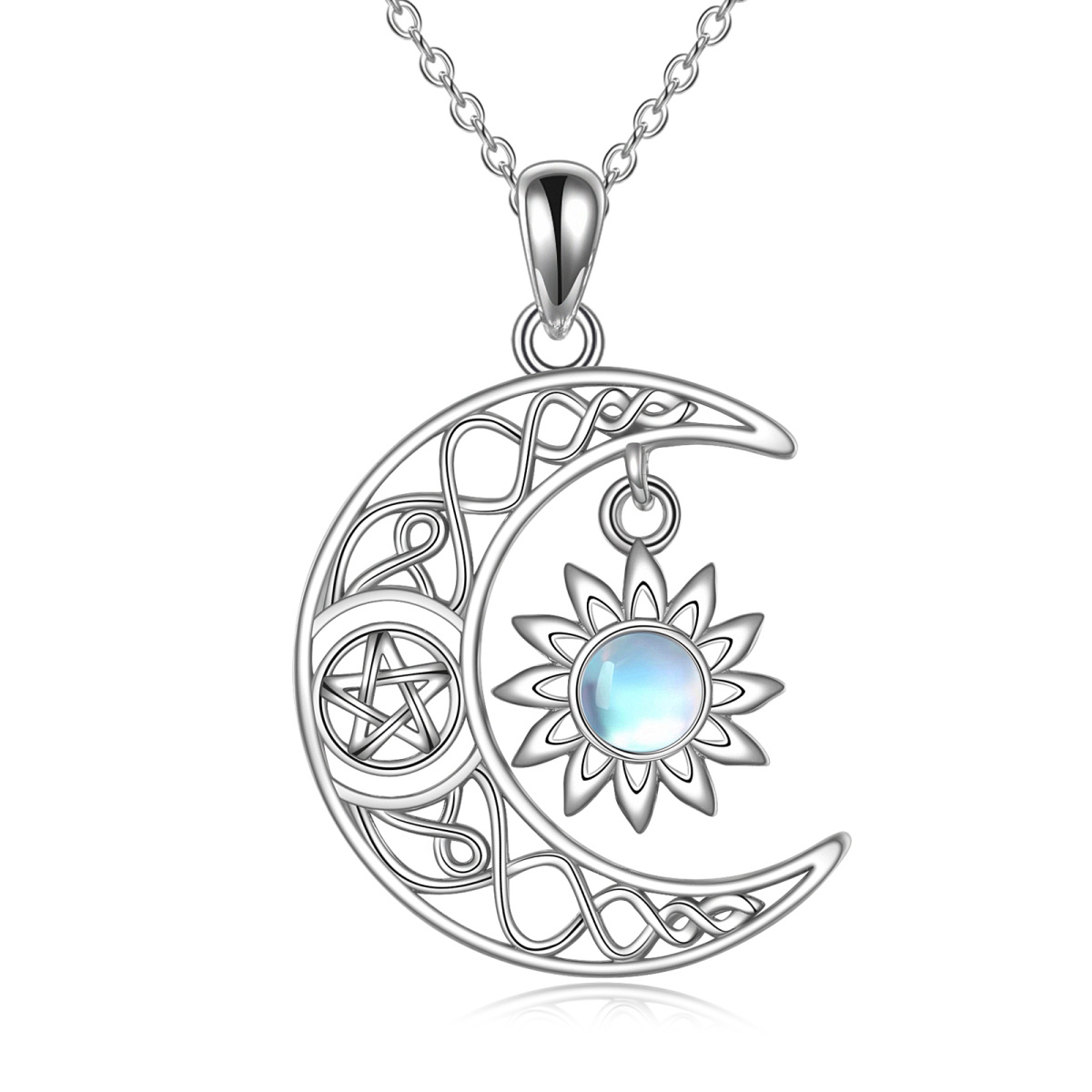 Sterling Silver Circular Shaped Moonstone Celtic Knot & Moon & Sun Pendant Necklace-1