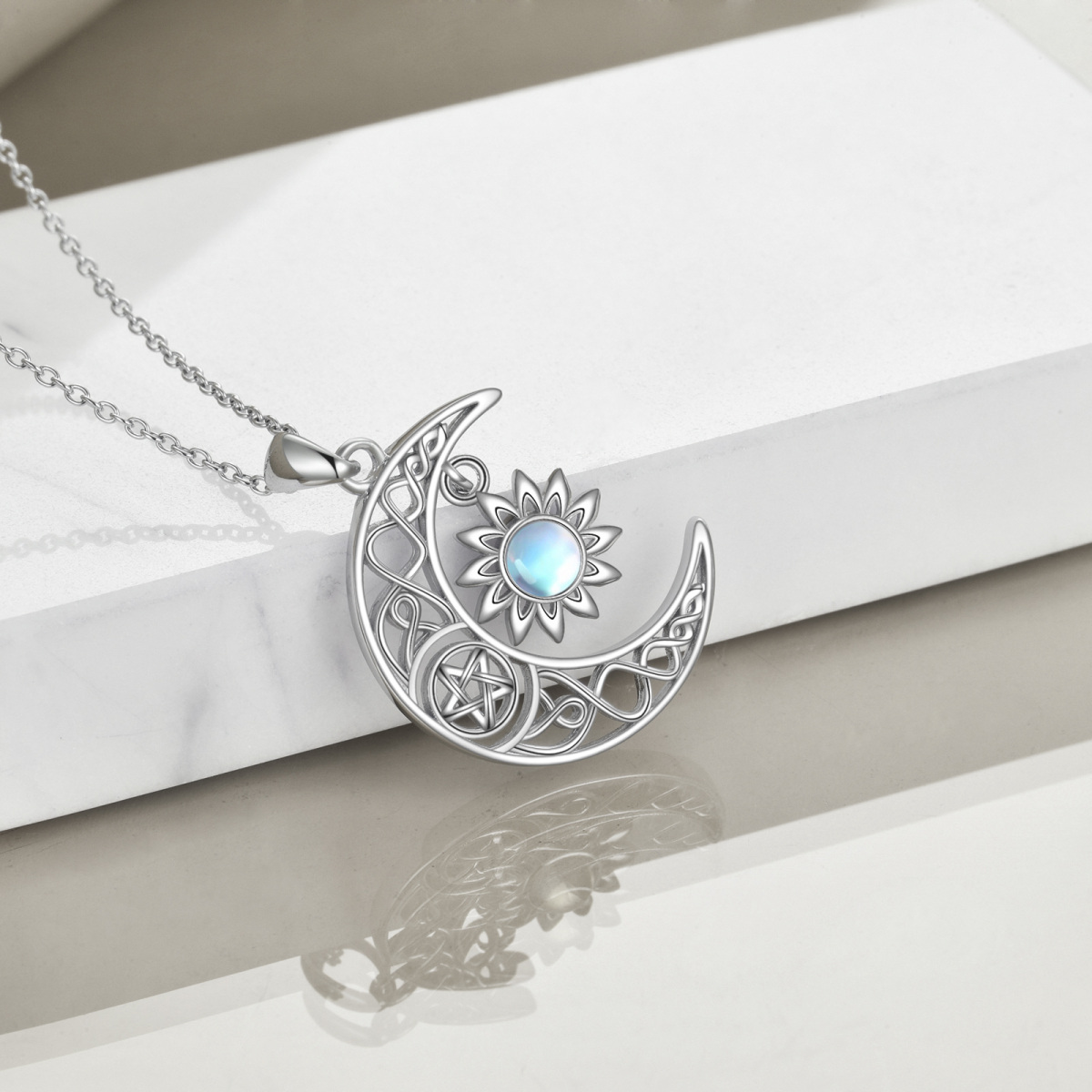 Sterling Silver Circular Shaped Moonstone Celtic Knot & Moon & Sun Pendant Necklace-4