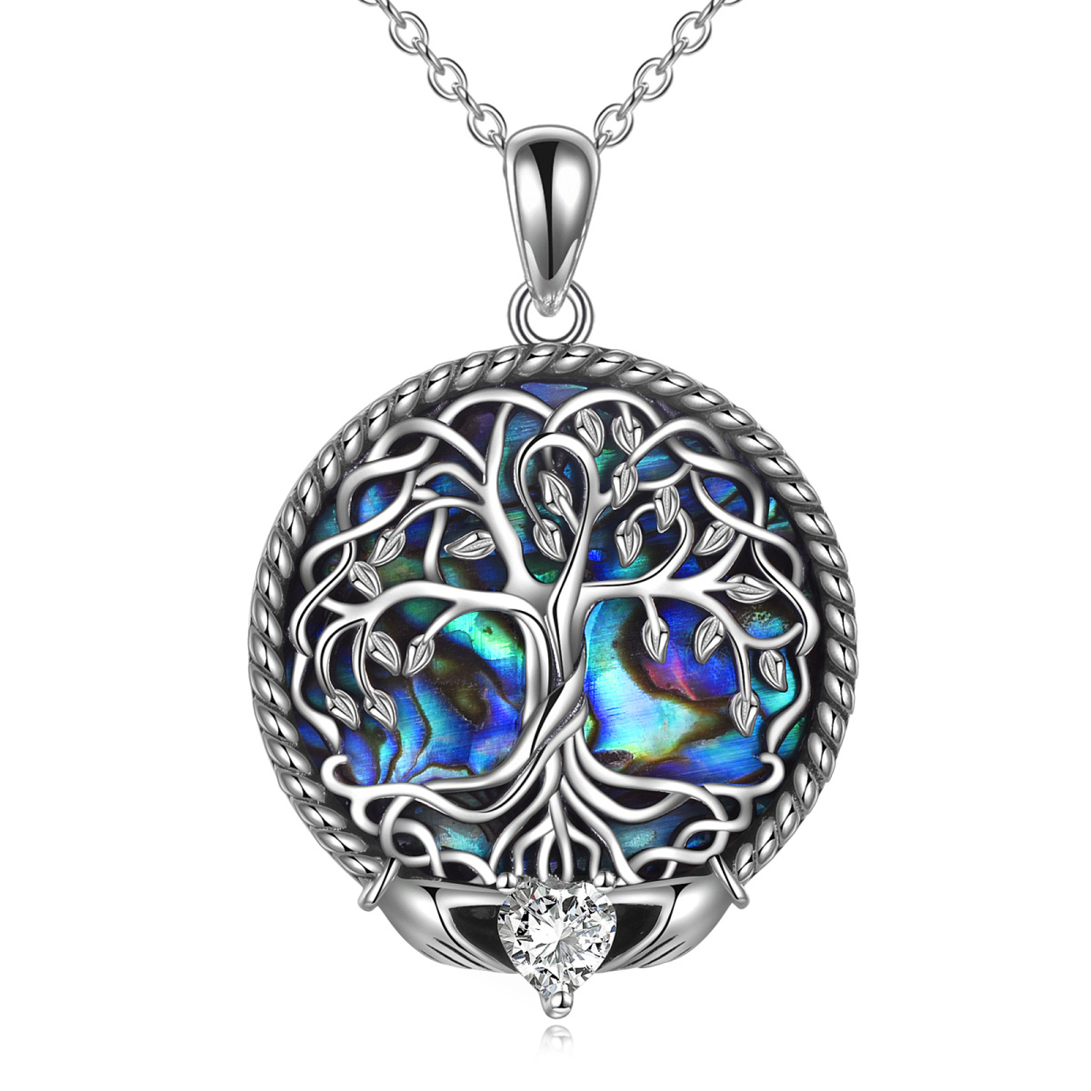 Sterling Silver Abalone Shellfish Tree Of Life & Claddagh Pendant Necklace-1