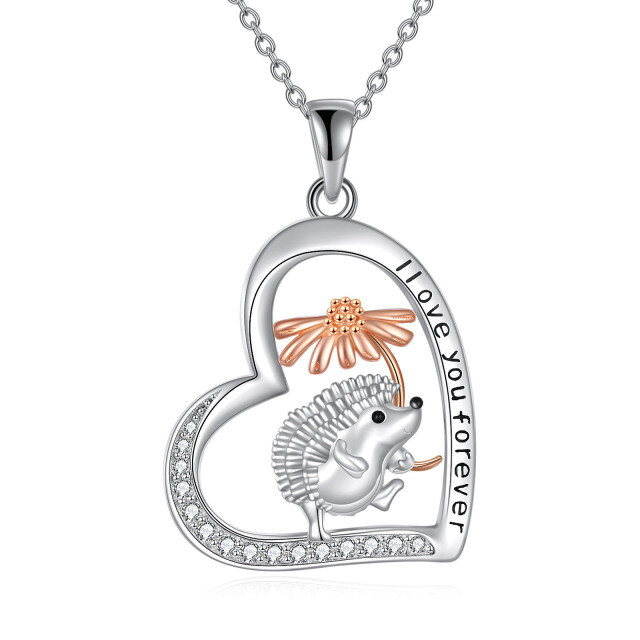 Sterling Silver Two-toneCubic Zirconia Hedgehog & Diasy Heart Pendant Necklace-4