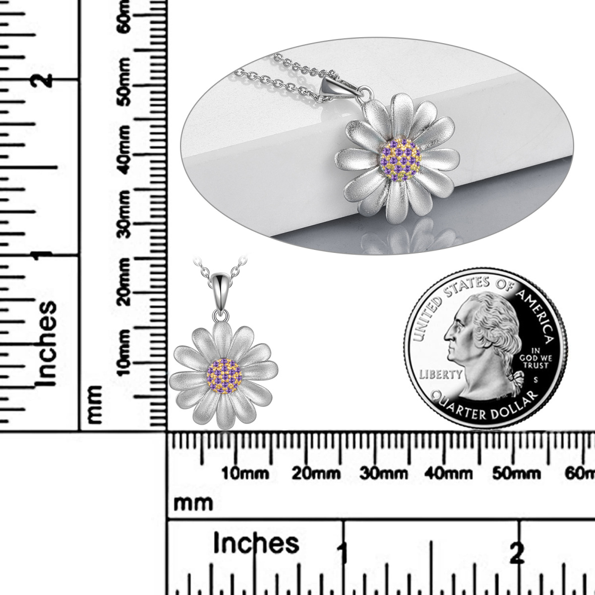 Zweifarbige Halskette mit Gänseblümchen-Anhänger aus Sterlingsilber mit Zirkonia-5