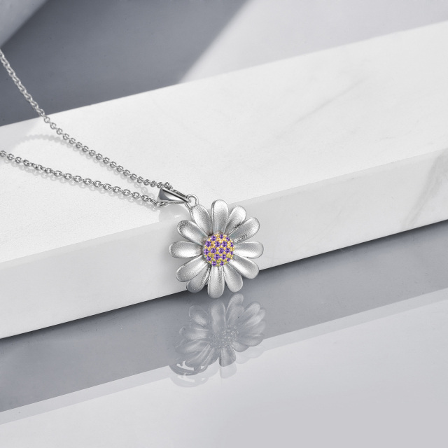 Sterling Silver Two-tone Cubic Zirconia Daisy Pendant Necklace-3