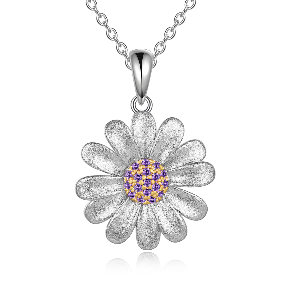 Sterling Silver Two-tone Cubic Zirconia Daisy Pendant Necklace-1